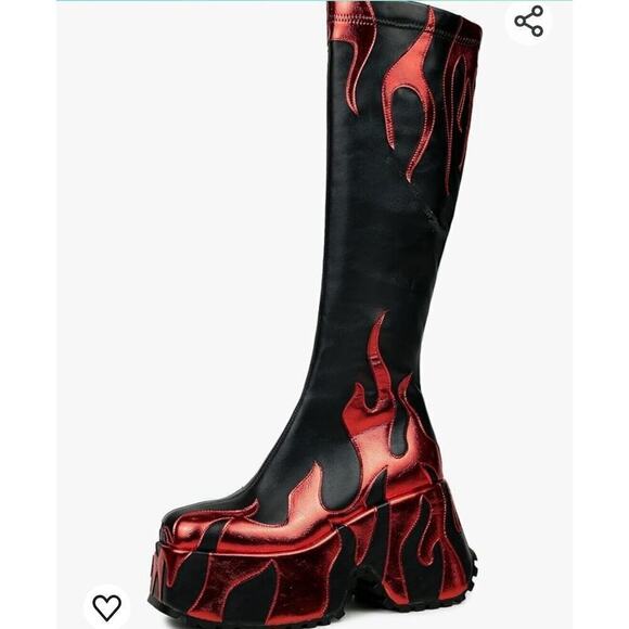 women’s side zipper high heeled Ref Flames printing thick sole boots high Sz6 - Picture 2 of 10